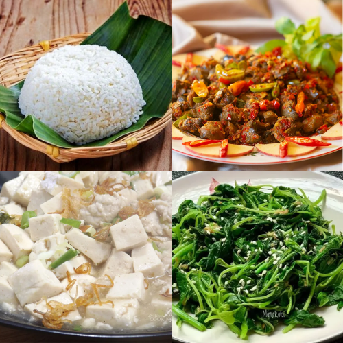 Nasi + Hati dan rempela ayam balado + Mun tahu + tumis bayam